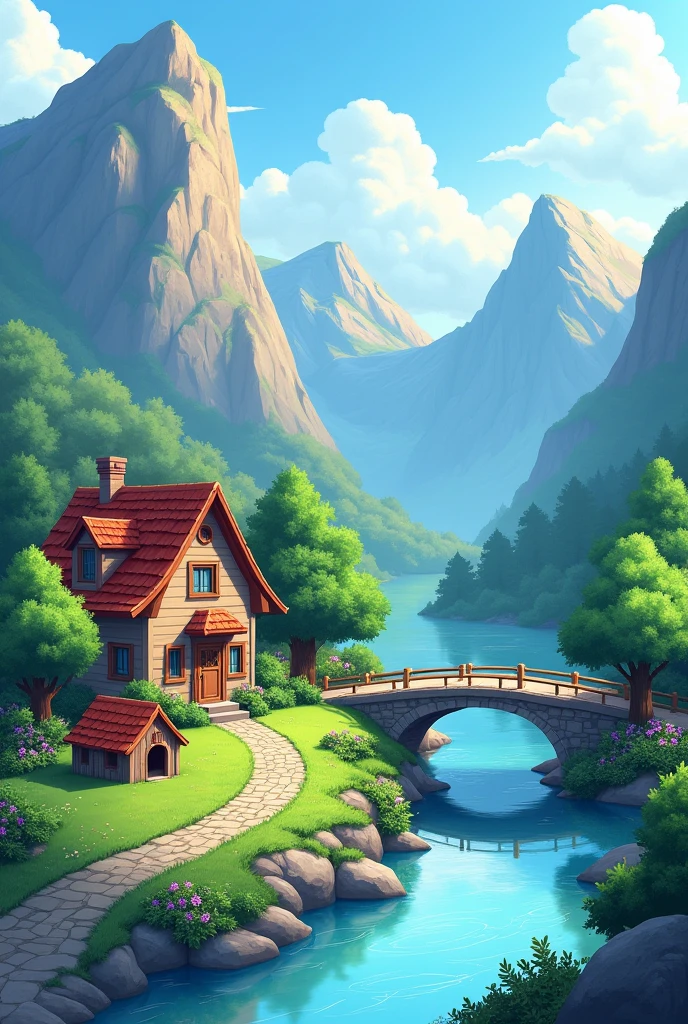 Create a house between two mountains and a river ,a bridge and next to the house a garden and a dog house with a stone path easy to draw