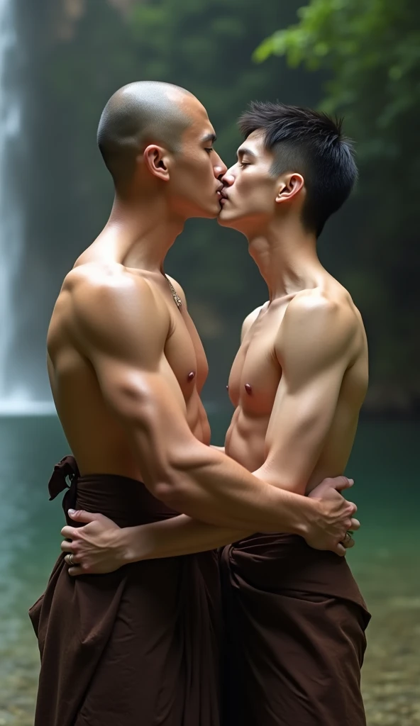 A muscular young Vietnamese monk, Detailed bald head, Tow truck, shirtless 2 คน กอดจูบ ดูดดื่ม หนุ่มร่างthin เปลือย shirtlessคลุม, Buddhism, quiet, Detailed dark brown robe, Take the whole body, Walking posture :: Manly, Look at the camera, (Make eye contact), Manliness posture, Manly deportment, Virtue, masculinity, Manliness, very detailed facial parts, very detailed neck, Manly, Waterfall background, happy expression, professional photos, soft focus, (8ก, raw photos, best quality, Masterpiece:1.2), very detailed, Ultra high resolution, perfect anatomy, ส่วนของร่างกายที่very detailed, Very symmetrical body, Asia, 1, shirtless :: Highly detailed, detailed face, Detailed eyes, Proportionate eyes, very detailed mouth, Leaky abdomen :: very detailed, thin, small waist, realistic, human skin, นิ้วที่very detailed, handsome chad chin, shirtless, I&#39;m a man., human skin, handsome, charming, Highly detailed RAW color photo, depth of field, Front photo, perfect composition, very detailed hands, very detailed fingers