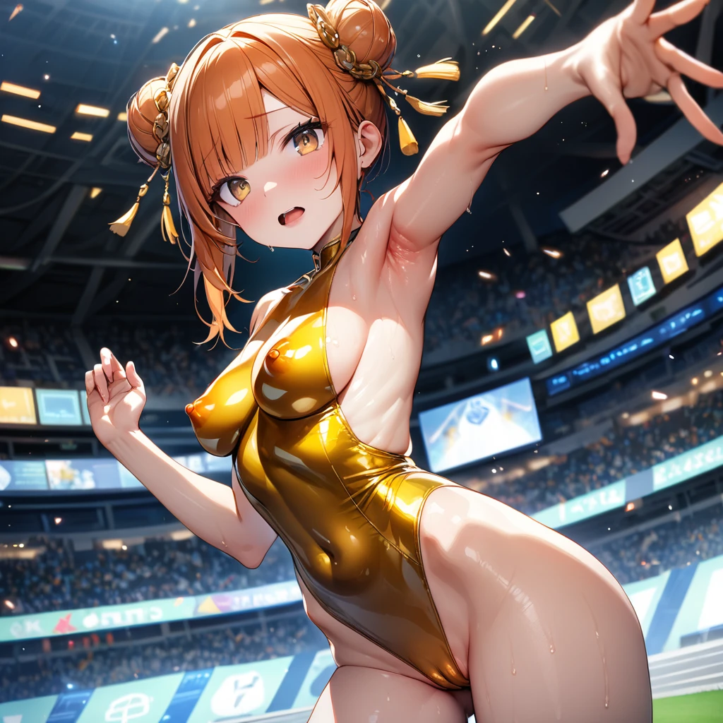 (high quality1.4), (finely detail:1.4), (nsfw), 1girl,(slender), (blunt bangs), (side-parted bangs), (medium breasts), (covered erectile nipples), brown eyes, dark orange hair, ((double bun)), (yellow tassel hair ornament:1.3), (swept bangs), armpit, ((shining gold leotard)), (cameltoe), solo, ((very bright stadium:1.4)), (8K, ultra high res, masterpiece, best quality:1.2),