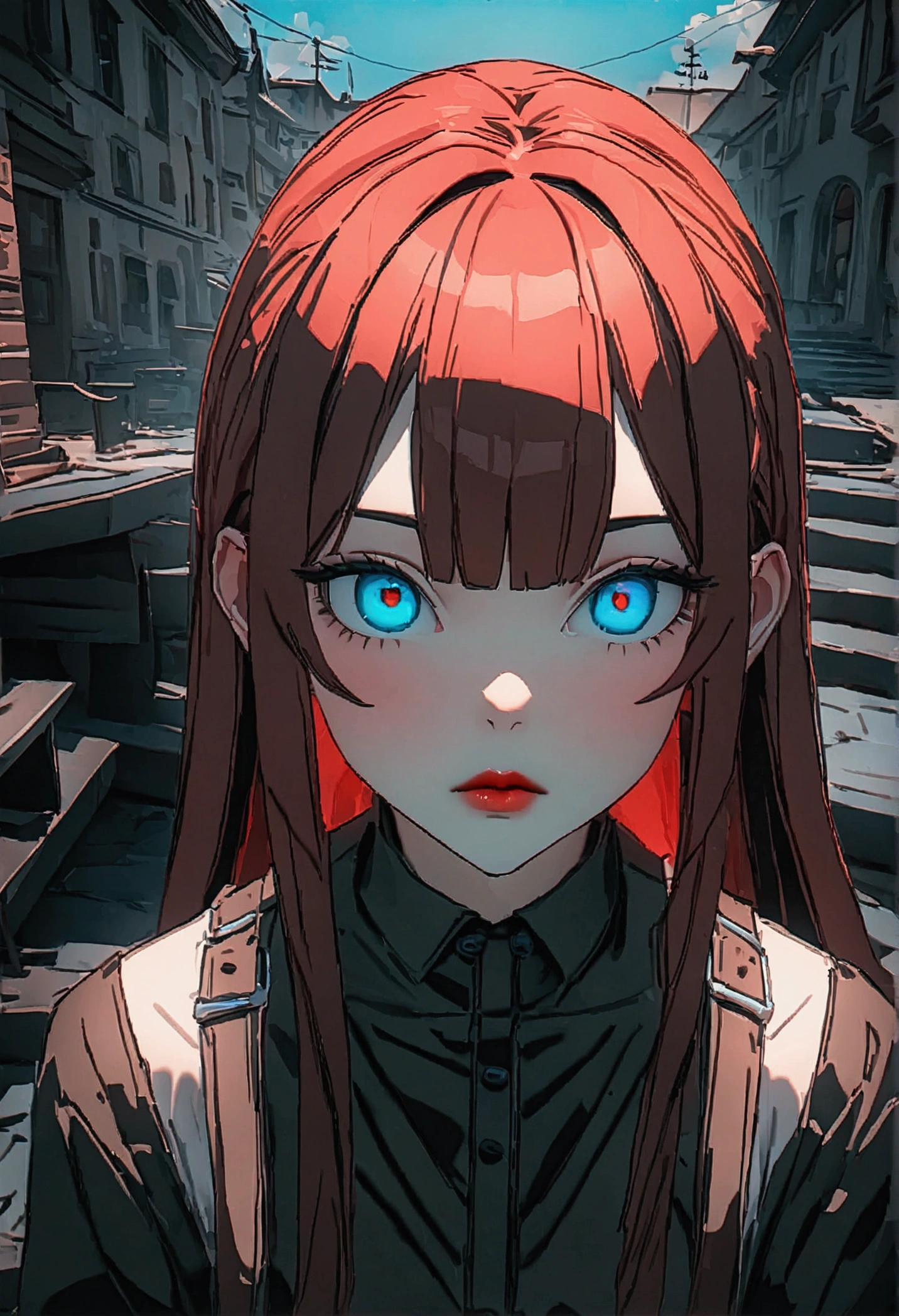 (The best quality at the best.,8k,A high resolution,masterpiece:1.2),Digital artwork, A girl,detailed face,detailed eyes,by rubio,long straight hair,bright cyan eyes,red lip,suspenders