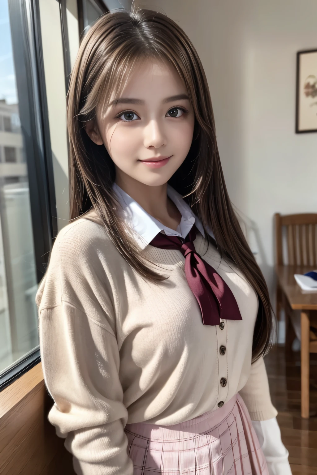 超High resolution, Highest quality, Realistic, masterpiece, detailed, High resolution, 8k, Raw photo:1.5, cute, {{1 female, white}}, View your viewers, Hazel Eyes, 超High resolution,非常にdetailed, Brown Hair, Pink clothes,uniform, high school girl, Soft skin texture,Soft and sexy lips, Happy, whole body