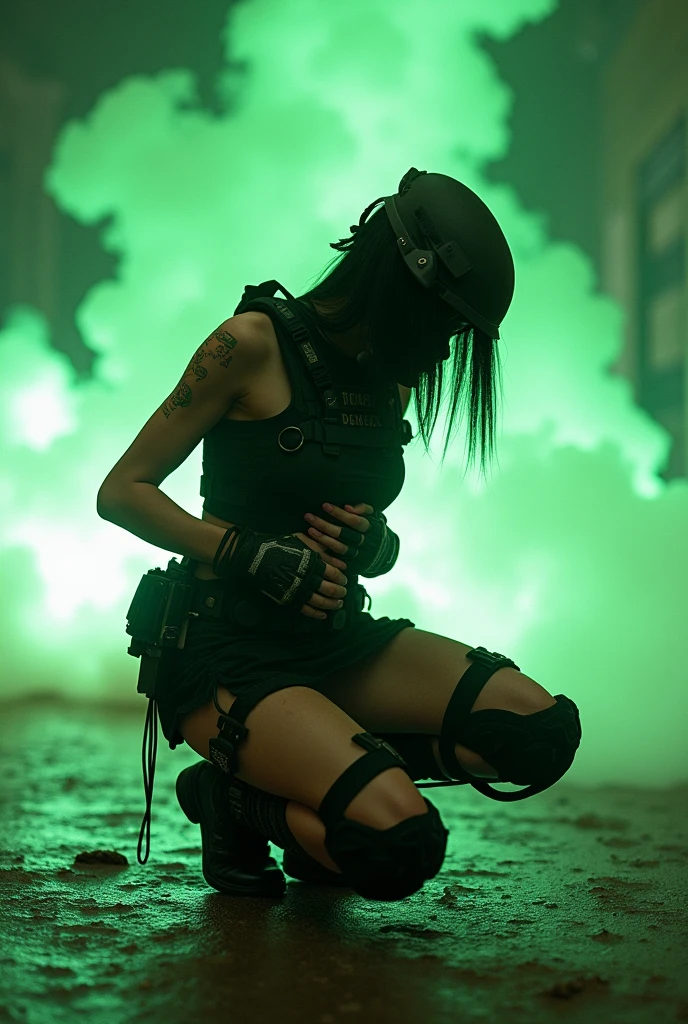 Japanese woman dressed in tactical sleeveless bodysuit, helmet, mask and skirt, bending down, holding on her stomach in pain, a jetstream of green gas cloud are spewing behind her