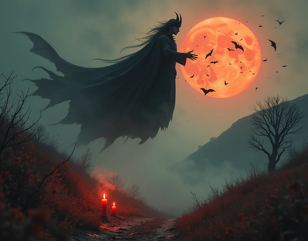 Vampire king, Flying, floating, A Vampire lord Emerging from a dense swarm of bats in a trail, The bats are in his wake, short and melted red candles on ground, The landscape molds to his presence, some withering flowers, orange moon, misty hills, one small crypt in the hills, one twisted tree, one large hill, fall time, smokey magic, dark magic, evil magic, magic dust specs in air, fury, anger, Beautiful landscape background, epic