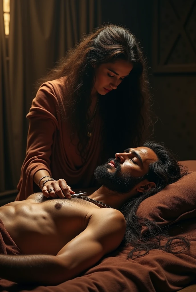 "Delilah cutting Samson's hair while he sleeps, the long strands falling to the ground, ancient Philistine home, shadowy room with heavy curtains in the background, close-up shot, hyper-realistic, Photo realism, cinematography -- ar9:16"