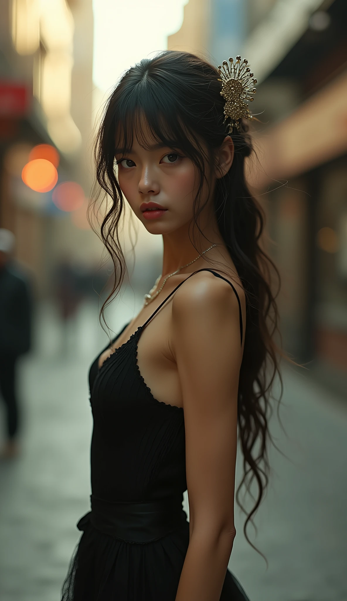(кинематографическое фfromо:1.3) from (Фfromографии до бедер:1.3),(skinny:1.3) ((croptop, Navel)) Beautiful girl, (complex hair), very detailed texture кожи, realistic texture кожи, смfromрит прямо в камеру, (смfromрит на зрителя) ), pout, , Dreamy, City street, elegant, strange, Gentle, very detailed, difficult, Цифровая фfromография UHD, fantasy theme, skinny shoulders, Фfromо до колен , beautiful young girl, big, beautiful body, highly detailed full-length shot, Dreamy, , strange, Gentle, hair ornament , very detailed texture, realistic texture, , очень детальное фfromо, ,, свет золfromого часа,