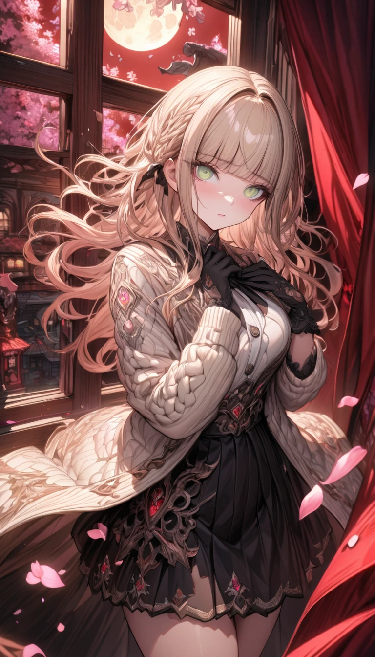 Ultra detailed, highres, absurdres, HDR, master piece, Aida, ash blonde hair with bangs, medium length hair, expressive light green eyes, Danganronpa, black ribbon at the side of her hair, white cardigan with black patterns, black skirt, pink flowers, petals, moon, window, red curtains, woman, solo, extremely beautiful, very detailed face and eyes, best quality, fantasy, magical, black gloves