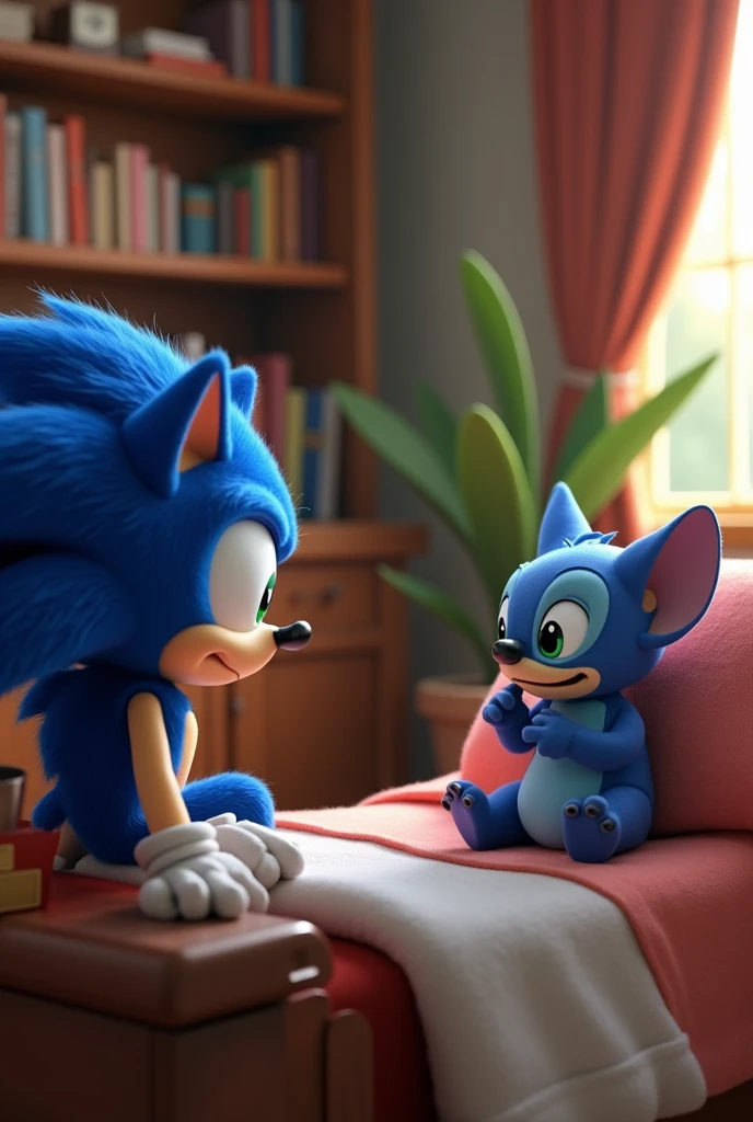 Make a picture of Sonic sitting in a chair and Stitch lying on a bed as if it were a psychology appointment and Sonic was the psychologist