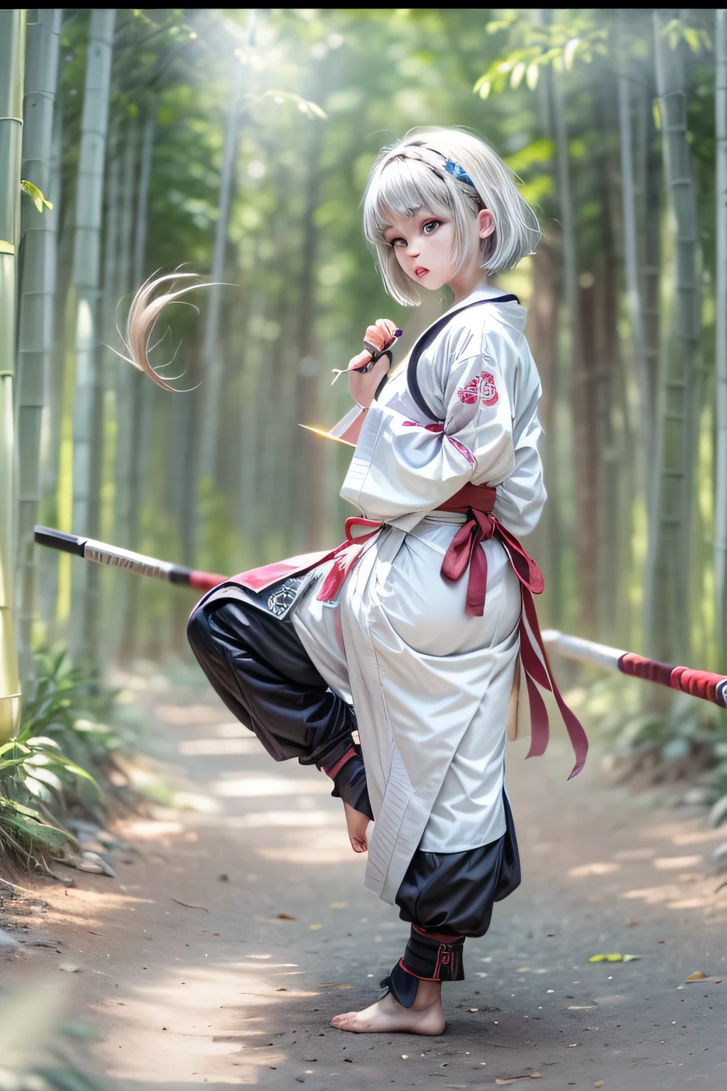 8k.Half Russian and half Japanese、Russian face、beautiful girl、princess、、Small face、Young face、Big eyes、Skinny、Small breasts、(((Silver Hair、Silver Hair)))、With bangs、(((High resolution big beautiful light blue eyes, )))、Shortcuts、Bobcut,Create a depiction of a traditional female martial artist, Dressed in white clothing, . She is slim and has white skin, Standing tall in the quiet bamboo forest, Demonstrating graceful martial arts stances.Japanese sword、karate、Chinese boxing、Nunchucks、Three-section stick、(Training at Mokujin Tsubaki)
