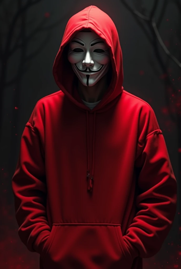 Image of a man in a red hooded sweatshirt , The background should be very dark combined with red, It must be realistic and the character must have a classroom of the elite ayanokoji mask, the background should be only dark 