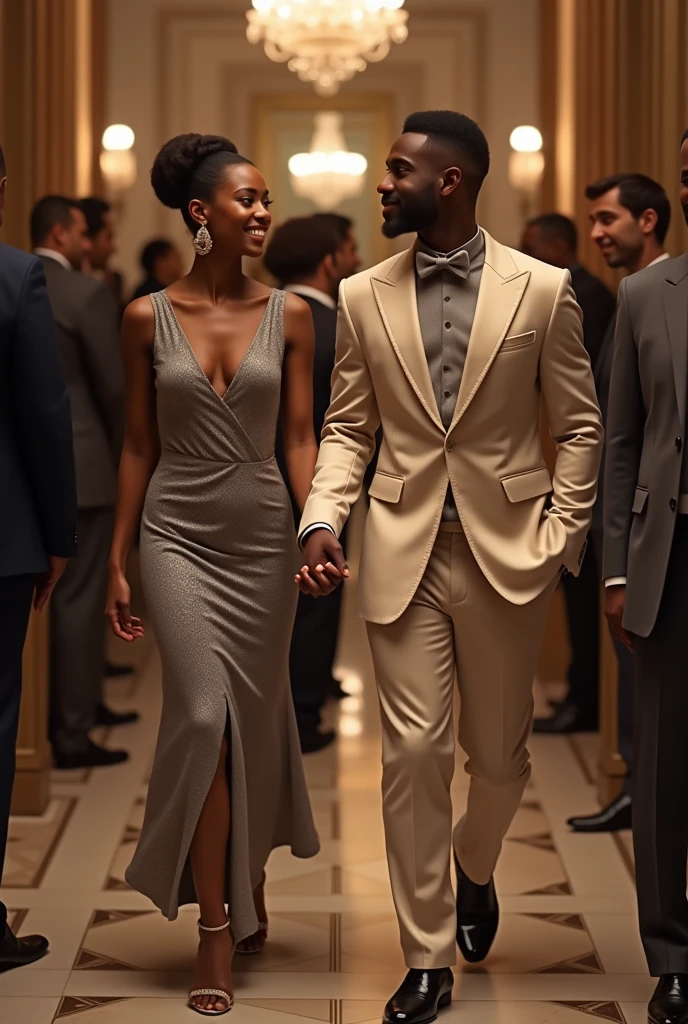 A couple holding hands walking into a , she is black with light skin, hair tied antly and a beautiful gray shiny dress. He is wearing a light beige silk blazer, with textures.