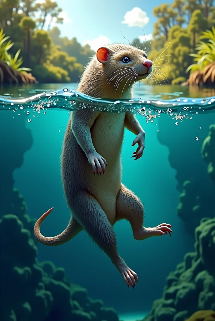 A split design showing half of the Rakali underwater, with a vibrant, clear blue river scene, and the other half above water, depicting lush Australian wetlands or riverbanks. This split design visually showcases its amphibious with background A split design showing half of the Rakali underwater, with a vibrant, clear blue river scene, and the other half above water, depicting lush Australian wetlands or riverbanks. This split design visually showcases its amphibious nature.