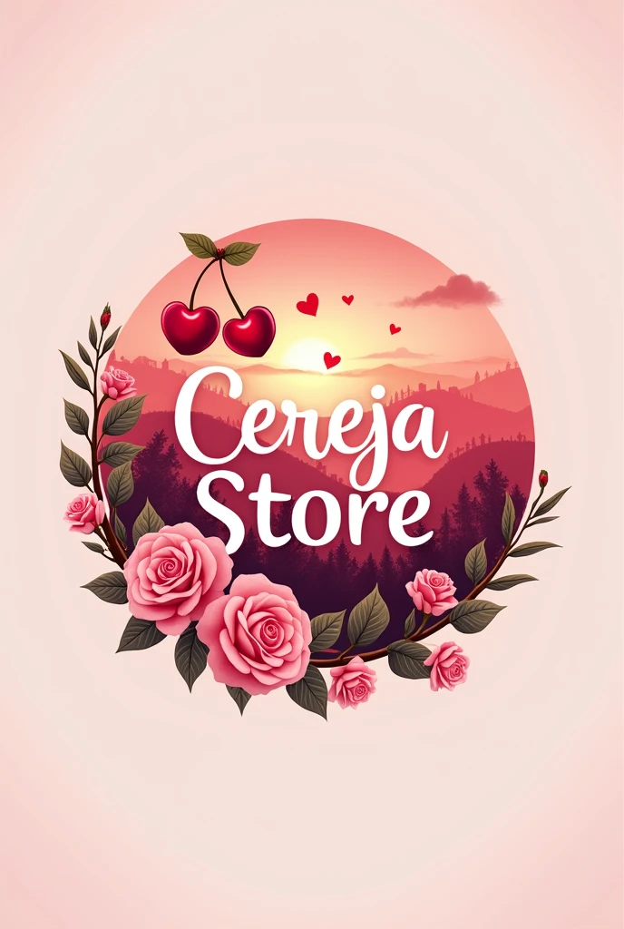 Logo for store with name " CEREJA STORE written in Portuguese " written the same way, with heart-shaped cherries and roses, below written " Fashion for Women written in Portuguese! 
landscape in the background in pink and red. Below empty Instagram logo 
