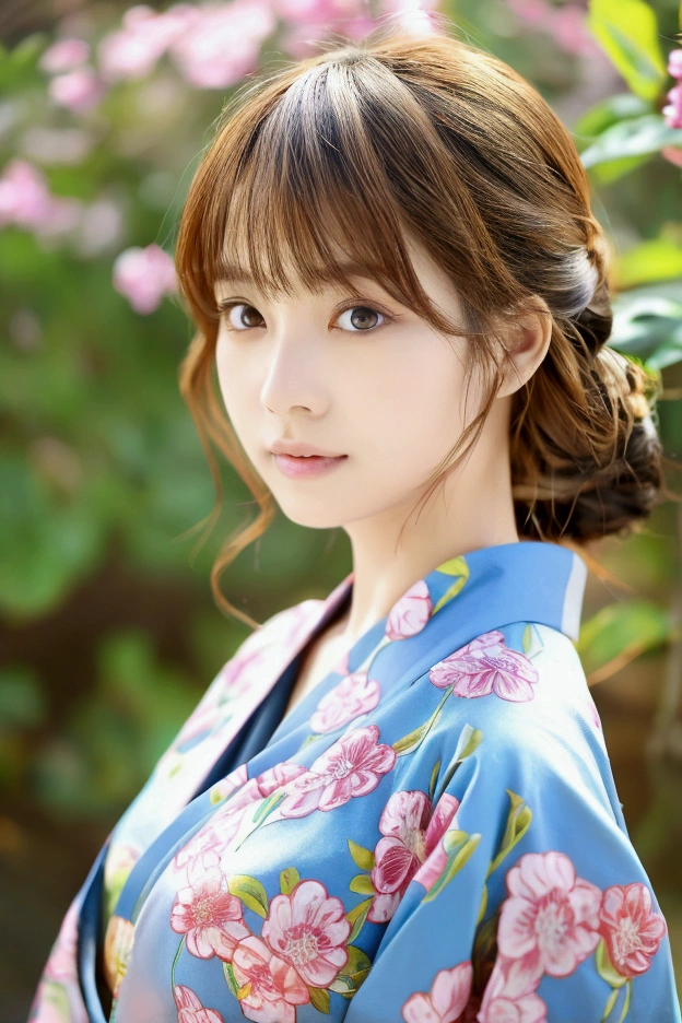 Okinawa, Ryukyu, front, 最high quality、high quality、Best image quality、8k、最High resolution、High resolution、Realistic photos, Healthy body, Beautiful Eyes, flowing brown hair, Colorful kimono, Calm expression, Soft lighting, Traditional Japanese art style, Vibrant colors, Peaceful atmosphere, Delicate features, Graceful posture, Beautiful Landscape, 1