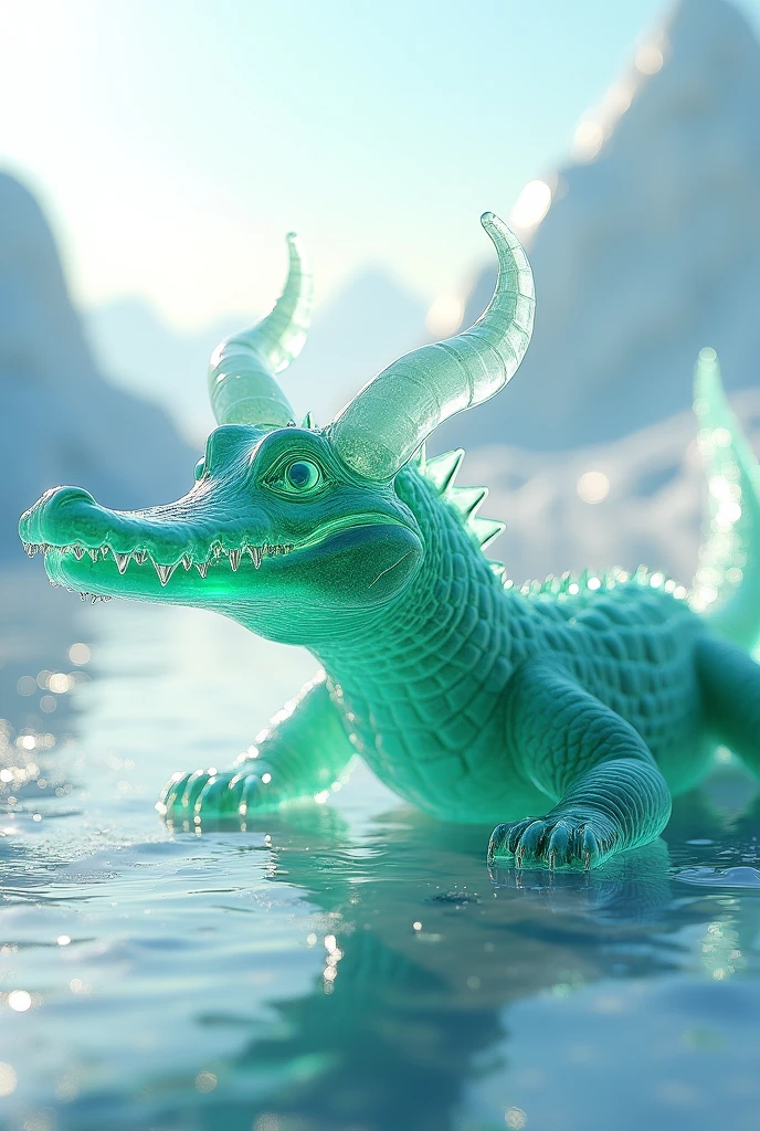 Transparent green ice alligator with horns