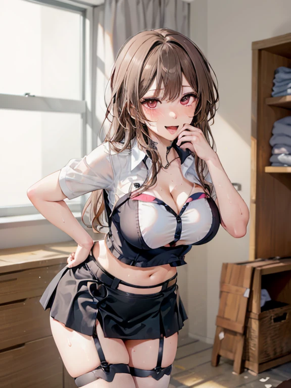 ((Highest quality)), ((masterpiece)), (detailed), One person,Age 25,Race Queen,(Black mini skirt),(Shirt buttons open),Belly button exposed,Big Breasts,blush,Underbust,(Her cleavage is visible),(Excited expression),(Seduce),night,circuit,Dim lighting,(暗いnightの背景),(Dimly lit changing room),(Messy changing room),Browsing Caution,sexy,(Alone with a man),(Bury your face in the crotch of a man),(Crouch in front of the man),(Side angle),Sweat,(Black garter belt),(Move your tongue up and down),