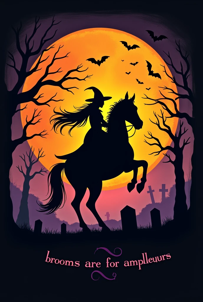 black background,realistic Halloween-themed design featuring the silhouette of a witch riding a horse against a large,bright orange full moon. Surround the scene with a spooky graveyard, including tombstones, barren trees, and bats flying across the sky. At the top, add the phrase 'Brooms Are For Amateurs' in a playful, wavy font with a dripping effect to enhance the spooky vibe. Use a limited color palette focusing on orange and black,purple to create a strong visual contrast. The overall style should blend spooky Halloween imagery with a lighthearted, humorous twist, perfect for festive apparel that stands out.