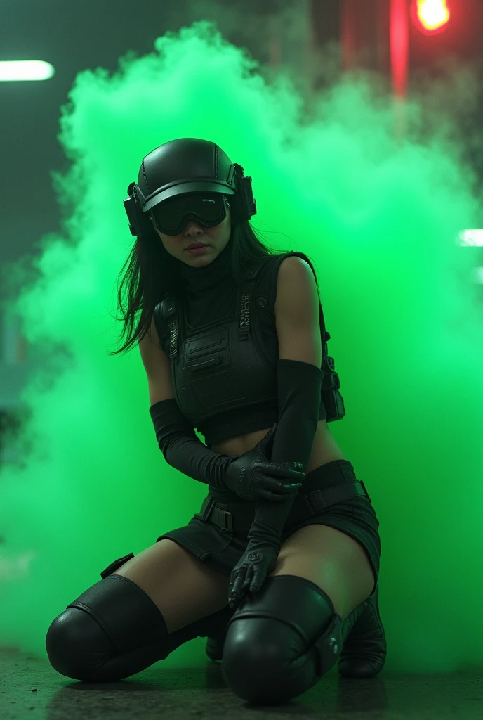 Japanese woman dressed in tactical sleeveless bodysuit, helmet, mask and skirt, bending down, holding on her stomach in pain, a jetstream of green gas cloud are spewing behind her