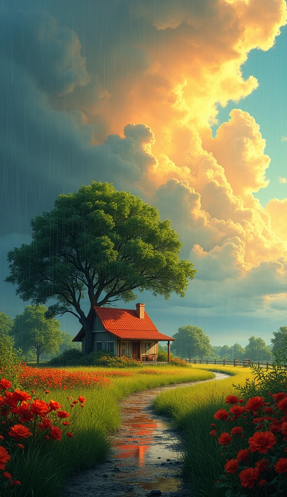 Create a landscape of a serene countryside scene during a gentle summer rain. A cozy cottage with a red roof is nestled near a large, lush green tree. The sky is filled with dramatic, billowing clouds in vibrant shades of orange and yellow, illuminated by sunlight breaking through, creating a striking contrast with the dark blue rain clouds. A narrow, winding path leads to the cottage, bordered by wildflowers in bright red and orange hues, and rich green grass. Small puddles form from the rain along the path.

The overall atmosphere is peaceful and, picturesque, with a harmonious blend of nature and tranquility, depicted in highly saturated colors to enhance the vividness and charm of the landscape.