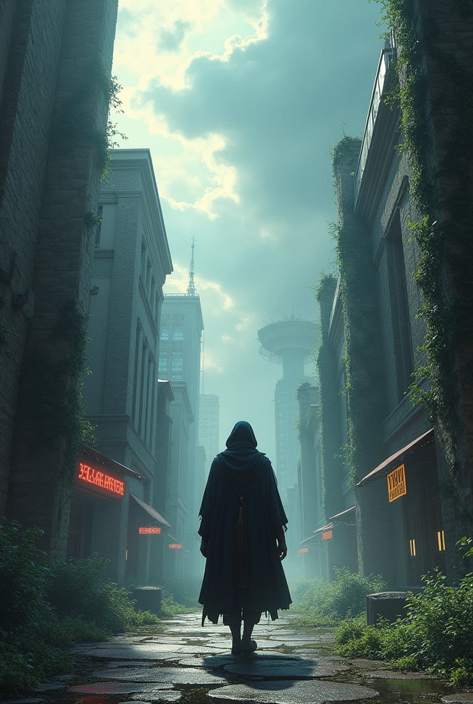 "After the intense confrontation, the Sujeto is shown walking alone through the streets of Gramatic Land. The environment is a mix of old and new; towering modern buildings with neon signs blend into ancient stone structures covered in ivy. The Sujeto looks lost, their medieval-inspired clothes now slightly tattered, reflecting their inner turmoil. The sky above is a swirling mix of storm clouds and a faint glow of sunlight breaking through, symbolizing hope amid despair."