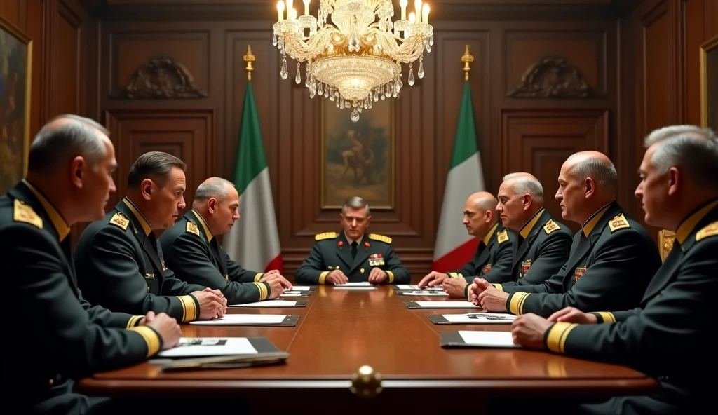 a highly detailed photo of Italy 1930 generals in a meeting room, realistic, photorealistic, 8k, ultra-detailed, professional, dramatic lighting, intense expressions, serious demeanor, military uniforms, oak table, chandelier, 1930 Italy flags