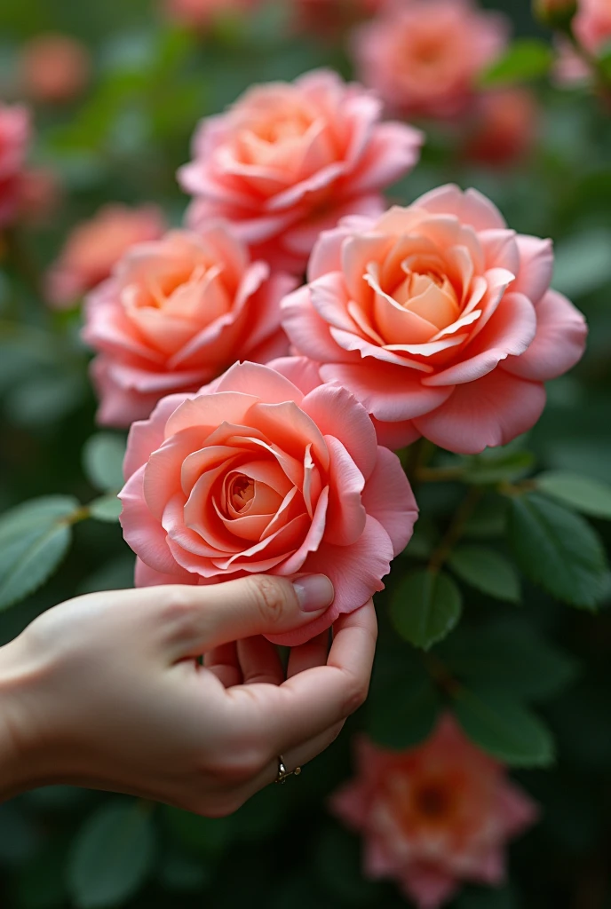 A close-up of a hand carefully picking Taif rose petals, showing the delicate nature and vibrant color of the flowers against the green leaves.