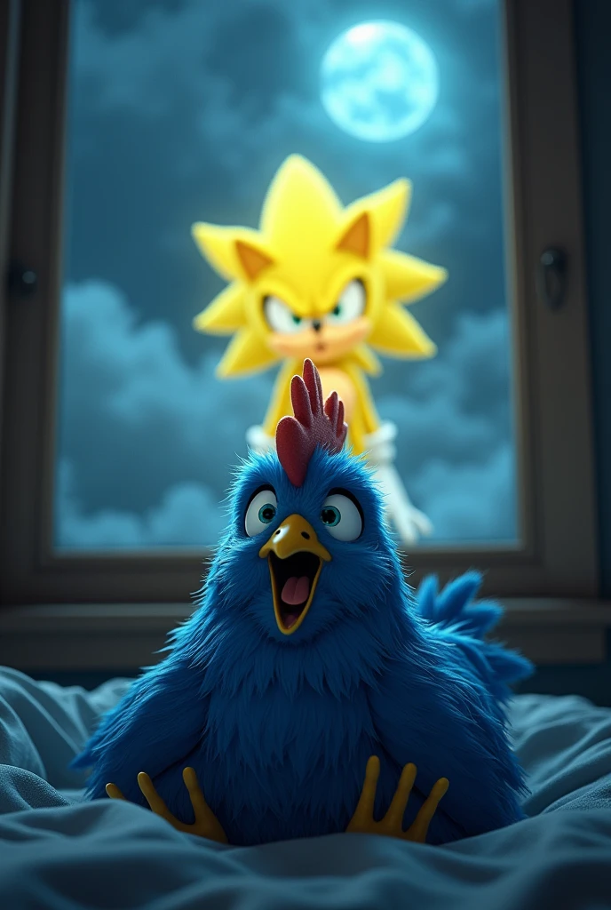 Blue chicken under the bed scared of storm and strong yellow sonic outside the window