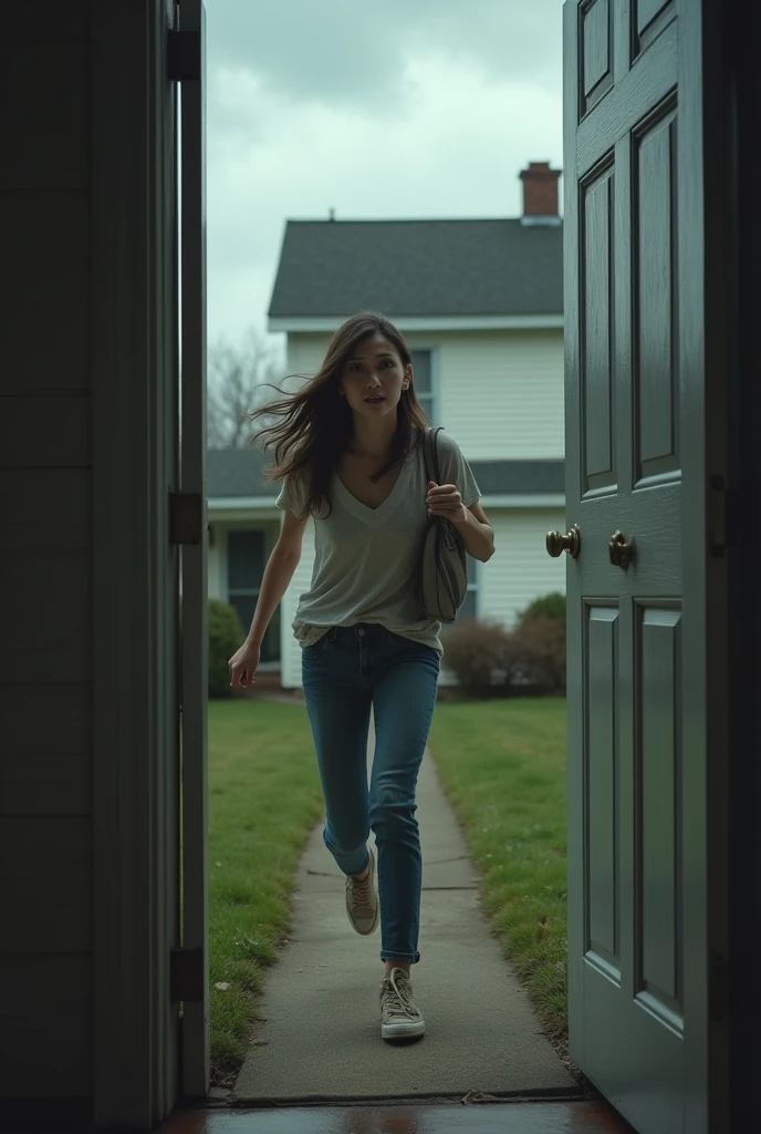 Ana escaping from the house, with the door ajar