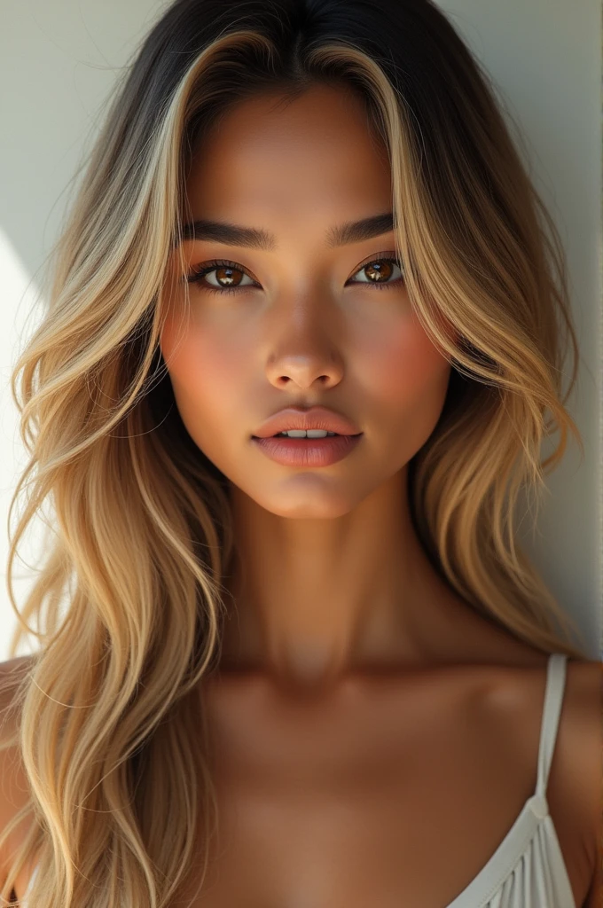 Realistic portrait of a beautiful Indian woman with blonde hair, hair roots slightly faded, influencer, light brown eyes,no makeup, Instagram