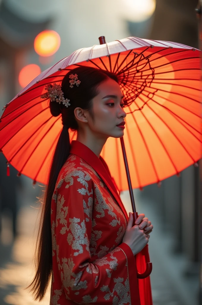 Traditional Chinese woman facing front with umbrella 
