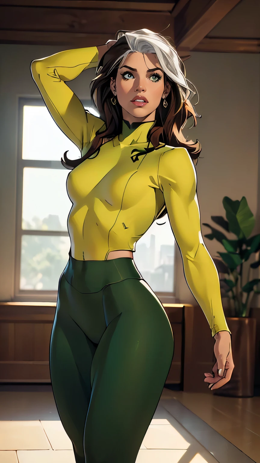 masterpiece:1.0), (best_quality:1.2), Classic Rogue, 1991 Rogue X-Men, ((1 girl)), head to waist view, (candid), looking to the side, still pose, sweaty, ((clothing: green yoga pants, cropped top with long sleeves, medium length hair, auburn hair, one lock of white hair, green eyes, determined look, parted lips, fit figure, medium breasts, heavy makeup, gold earrings, backlit, (realism: 1.5), (Realistic: 1.4), (Absurdity:1.4), 8k, ultra-detailed, (background: high tech indoor gymnasium), official art, extremely detailed CG unity 8k wallpaper, perfect lighting, Colorful, ultra high res, photography, 8K, HDR, Kodak portra 400, film grain, blurry background, (bokeh:1.2), (vibrant_color:1.2), film grain:1.2, (warm hue, warm tone:1.2), (color photo), professional photograph
