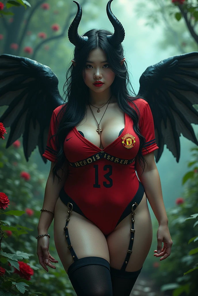 a beautiful korean succubus,black horns,manchester united jersey,plump curvy body,angelic wings,big thighs,fantasy forest,detailed face,detailed eyes,detailed lips,ethereal,dramatic lighting,vibrant colors,cinematic,photorealistic,intricate details,masterpiece,8k