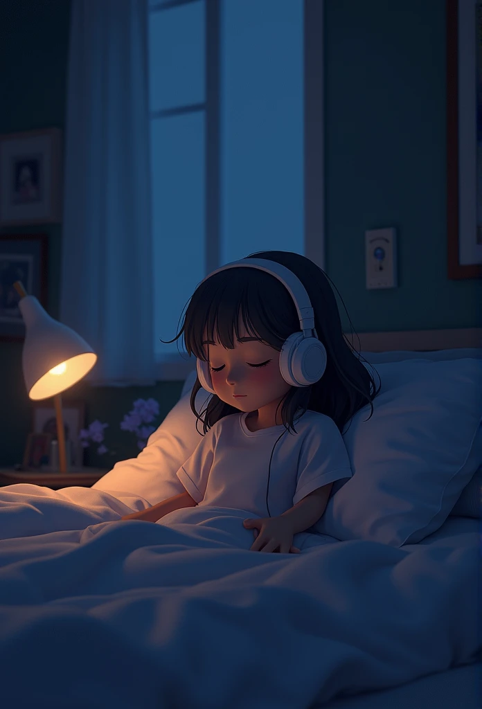 Girl listening to music in cozy room at night, Use headphones, 2D style animation, Low Fidelity, HD, Dark environment