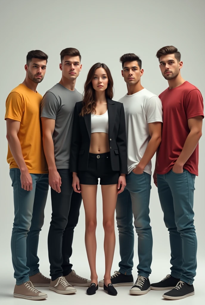 create an realistic image of a tall early teenage girl, around 6 feet tall, standing confidently. She is significantly taller than her four adult brothers, who are each about 5 feet 5 inches tall. The girl is wearing professional cropped suit with short pants, she has ripped abs. Her four adult brothers are dressed in casual attire as well, like t-shirts and jeans. They stand close together, highlighting the height difference