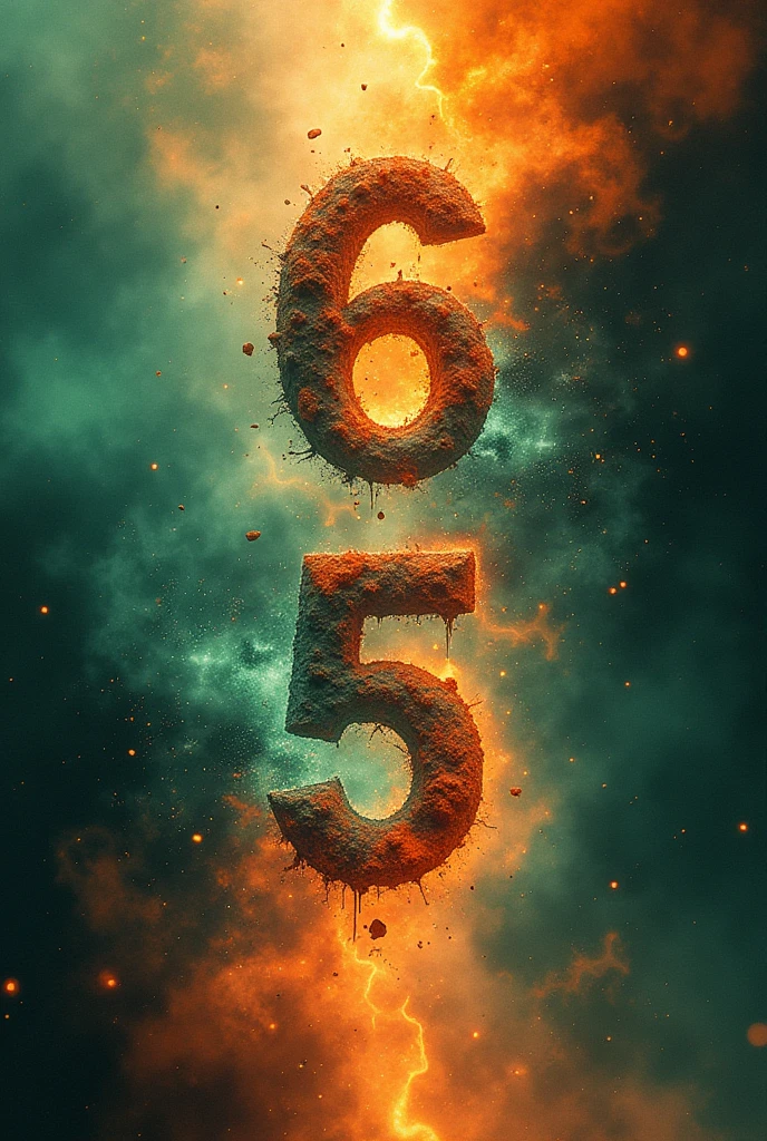 Draw the number 65 vertically with the number 6 above and the number 5 below., creative color palette expresses space, Time, The main colors are orange and green., nghệ thuật