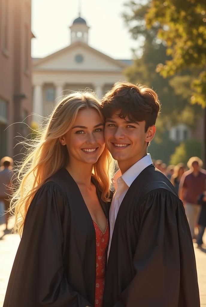 A girl graduating from college with long blonde hair, Next to him is his dark-haired son