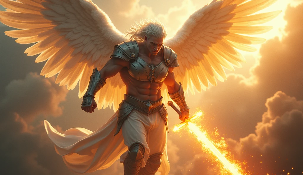 work of art, best qualityer, realisitic, ultra detaild, Movie poster style, dungeons and dragons character design, heavenly, naughty man , muscular, dramatic silver hair, radiant white angel wings, heavy armor, flying in the air, dramatic cut with flaming sword towards camera, godrays, perfect toes, perfect hands, perfection, long hair, ful dressed