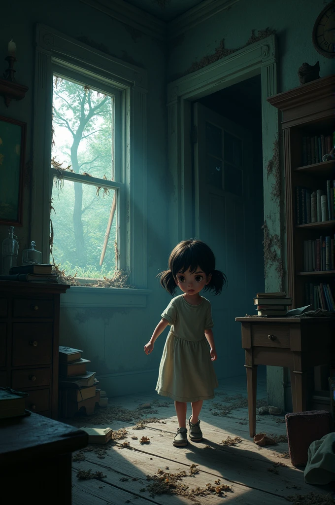 Girl inside an old house at night