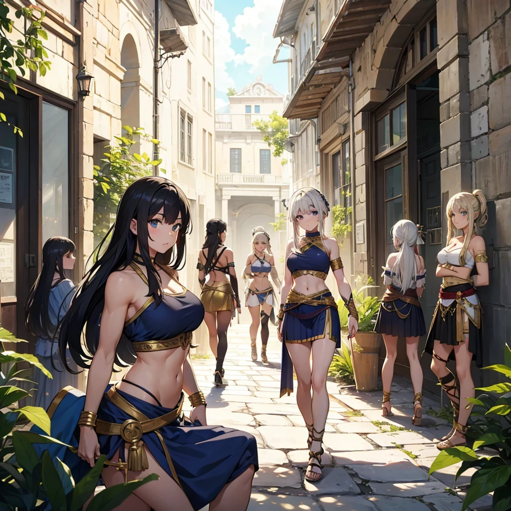 Greek warrior, girls in togas, 5 girls , , cover , ancient Greece,muscular body, defined abdomen,, classical Greece , warrior woman, black hair , blonde hair , white hair , ,teen girl ,