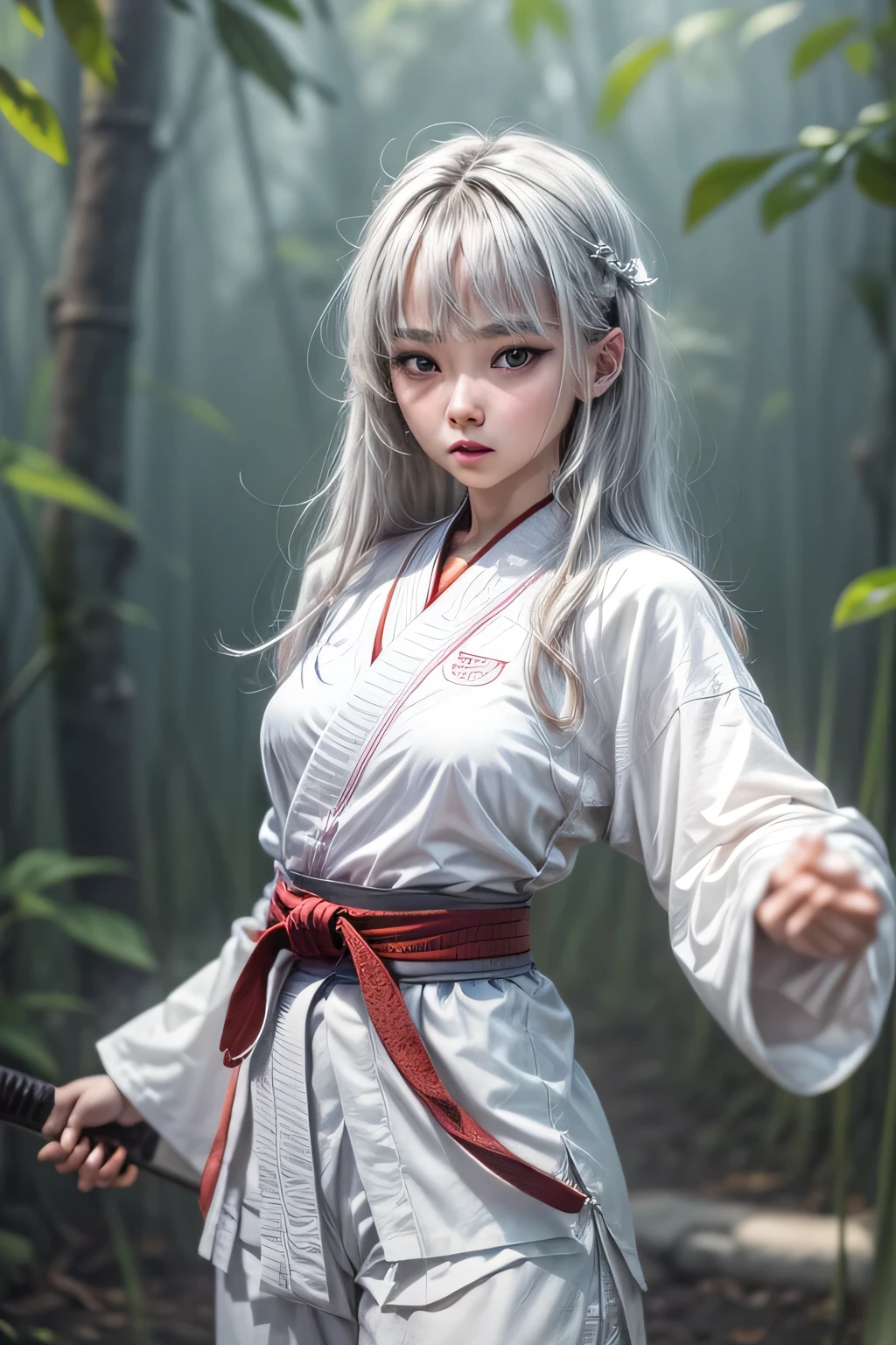 8k.Half Russian and half Japanese、Russian face、beautiful girl、princess、、Small face、Young face、Big eyes、Skinny、Small breasts、(((Silver Hair、Silver Hair)))、With bangs、(((High resolution big beautiful light blue eyes, )))、Shortcuts、Bobcut,Create a depiction of a traditional female martial artist, Dressed in white clothing, . She is slim and has white skin, Standing tall in the quiet bamboo forest, Demonstrating graceful martial arts stances.Japanese sword、karate、Chinese boxing、Nunchucks、Three-section stick、(Training at Mokujin Tsubaki)
