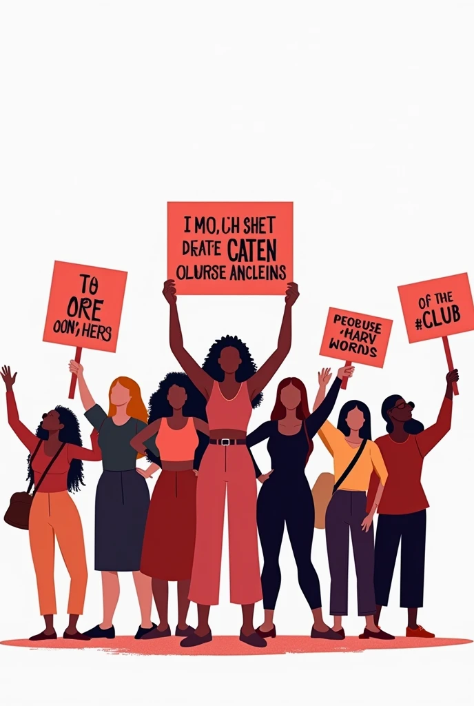 In the center of the image, Place an illustration or graphic that symbolizes the feminist struggle. It could be a stylized image of a group of women of different ethnicities and ages united, holding up signs with empowering messages. Alternatively, You could opt for a powerful silhouette of a woman raising a fist in a sign of strength and resistance., with white background the image 