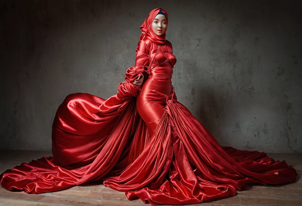 A woman shrouded in a 10-meter-long, plush red satin cloth, ballon sleeves,tight from the waist to the thighs, tightly bound and grandly draping along the form of her body, flowing off into a pooled floor-length train, styled in a mermaid-inspired outfit, her head modestly veiled in a satin hijab, tall woman, walk in photo studio, a full-body pose conveying a sense of elegance, captured in a 4k resolution, ultra-realistic