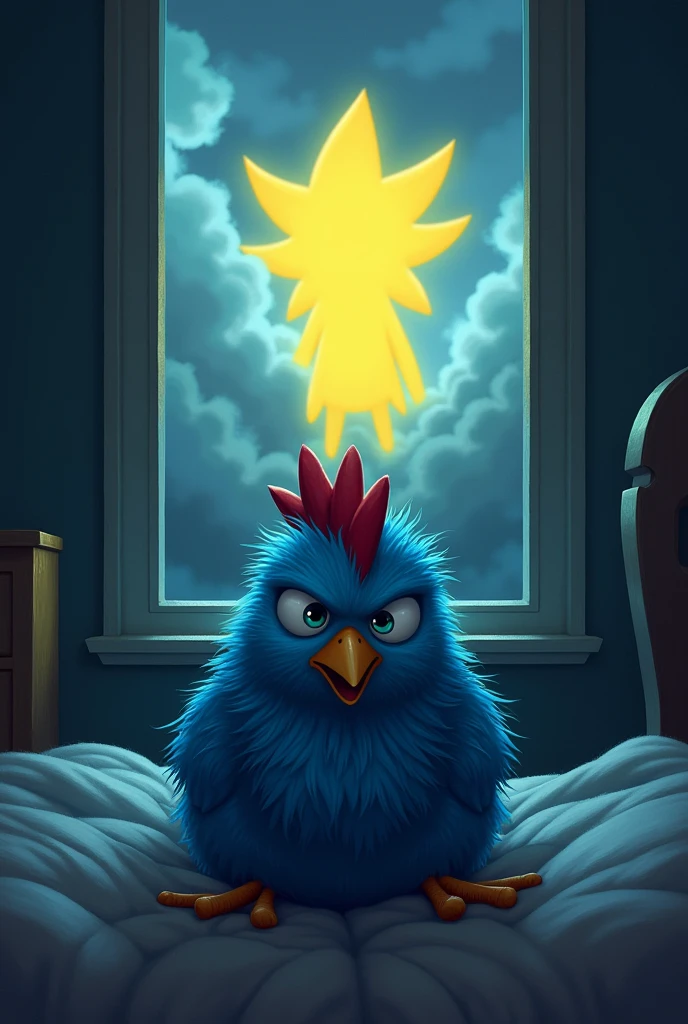 Blue chicken under the bed scared of storm and strong yellow sonic outside the window
