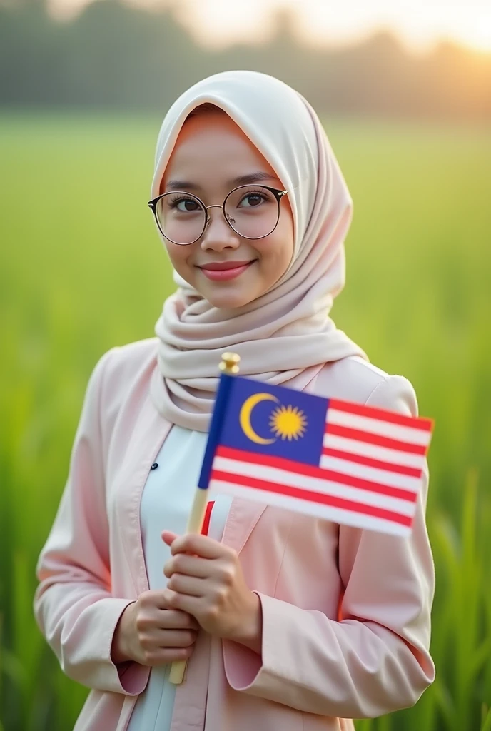 Beautiful girl with glasses wearing pastel coloured hijab with pastel modesty outfit, holding Malaysian's flag while posing with sweet pose in paddy field in the morning.