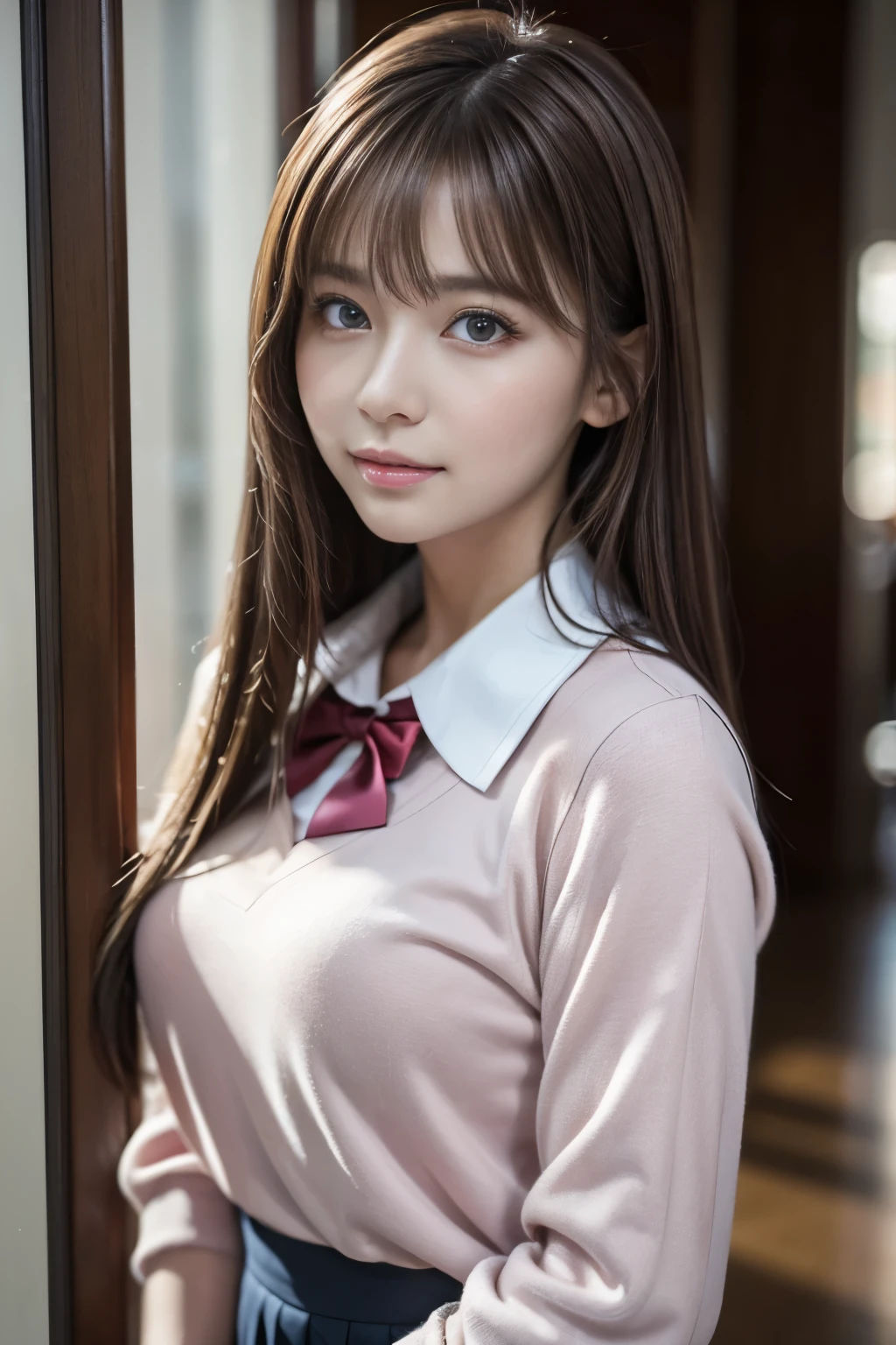 place：(day:1.7), Cyberpunk_CityView, Before Window, Action：sitting at attention,sitting in the couch, trappings：(school uniform), ((Green skirt)), ((White shirt)), (Short causeway), 鎖骨 , Pleated skirt, Collared shirt, kneehighs, White socks, sweater vest, ((Red sweater vest)), The character：white ice, the hair：(Blue eyes)), black color hair, ((hair between eye)), ahoge, ((hair adornments)), bangs, Long hair, ((star hair ornament)), Star \(symbol\), Role locking： 1 girl,Solo,young ,Beautiful Finger,Beautiful long legs,Beautiful body,Beautiful nose,Beautiful character design, Perfect eyes, Perfect face, Eye expressions： view the viewer, (Innocent_Big_Eyes:1.0),(Expressionless:1.3), quality: offcial art,Extremely detailed Cg Unity 8K wallpapers, Perfect lighting,Colorful, Bright_Front_face_lighting, (Masterpiece:1.0),(Best_quality:1.0), 超A high resolution,4K,Ultra-detailed, Photography, 8K, hdr, A high resolution, absurderes :1.2, Kodak Portra 400, filmgrain, The background is blurred out, Bokeh:1.2, Lens flare, (vibrant_Color:1.2) big breasts body: (Beautiful, Large_Breasts:1.2), (Beautiful_face:1.5),(Narrow_waistup),