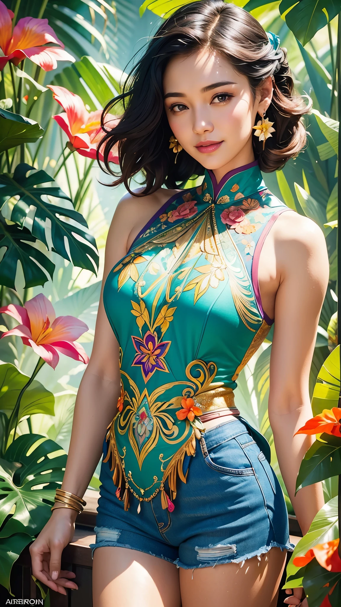 Vibrant art deco painting, upper body portrait. Thai woman wearing plumeria flower design t-shirt and jean shorts, smiling, surrounded by lush tropical foliage. Splash art, early 20th century art nouveau. Delicate, intricately detailed plumeria flowers in her hair, multicolored locks flowing. Soft, warm volumetric lighting and misty atmospheric effects, with golden hour glow. Dynamic, triadic colors, orange and teal prominent, deep blues and purples in background. High contrast, hyper detailed textures, 8k resolution, Adam Hughes meets Alphonse Mucha, glowing ambient occlusion, Unreal Engine 5, Art Deco, maximalist, cinematic, detailed, meticulously crafted, ornate, intricate, excessive detail.
