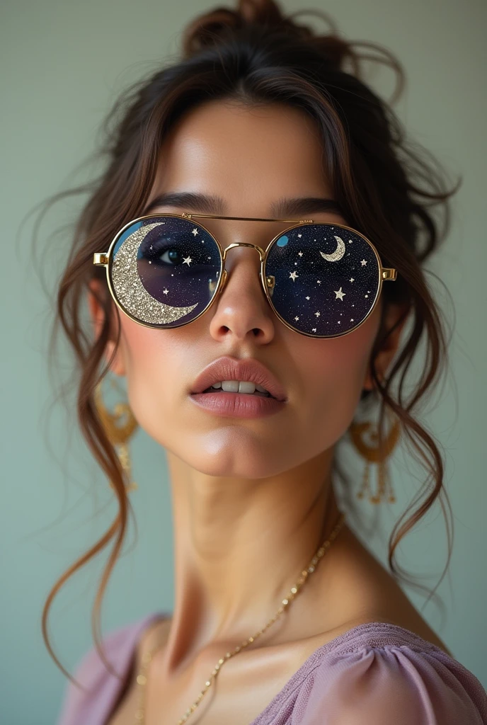 The model is wearing glass sunglasses with stars and the moon on the glass