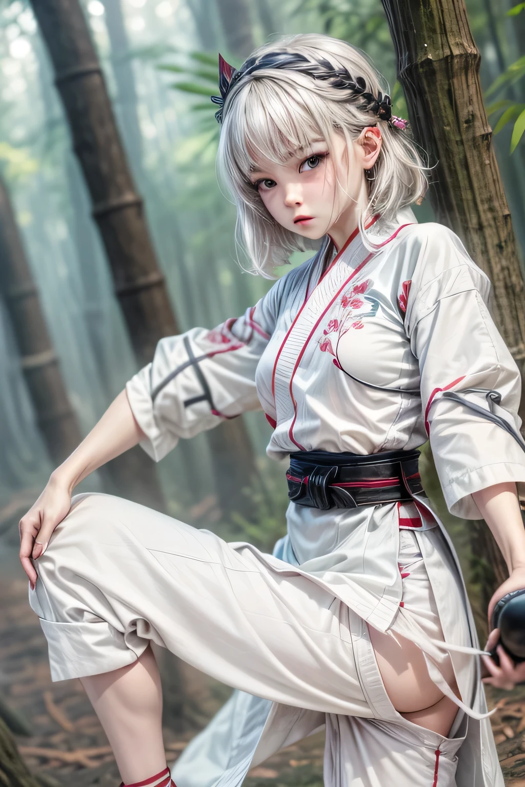 8k.Half Russian and half Japanese、Russian face、beautiful girl、princess、、Small face、Young face、Big eyes、Skinny、Small breasts、(((Silver Hair、Silver Hair)))、With bangs、(((High resolution big beautiful light blue eyes, )))、Shortcuts、Bobcut,Create a depiction of a traditional female martial artist, Dressed in white clothing, . She is slim and has white skin, Standing tall in the quiet bamboo forest, Demonstrating graceful martial arts stances.Japanese sword、karate、Chinese boxing、Nunchucks、Three-section stick、(Training with a wooden man)