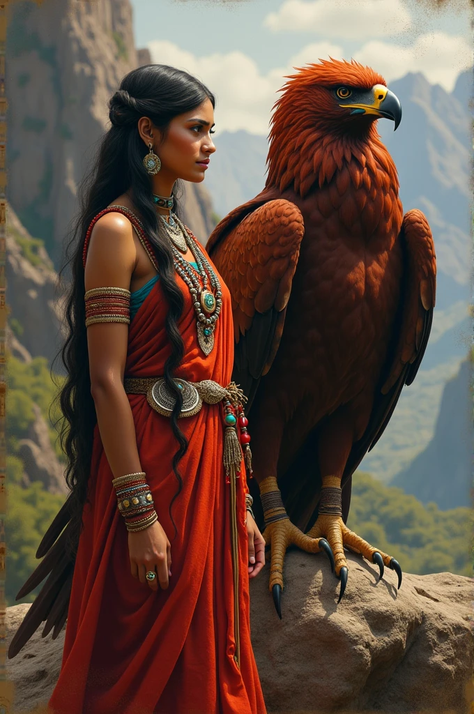 Indian realistic lady standing with a big size eagle eagle read colour