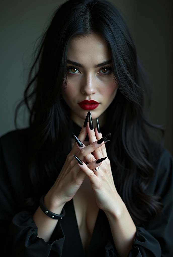 evil, hot and beautiful girl with black stiletto nails
