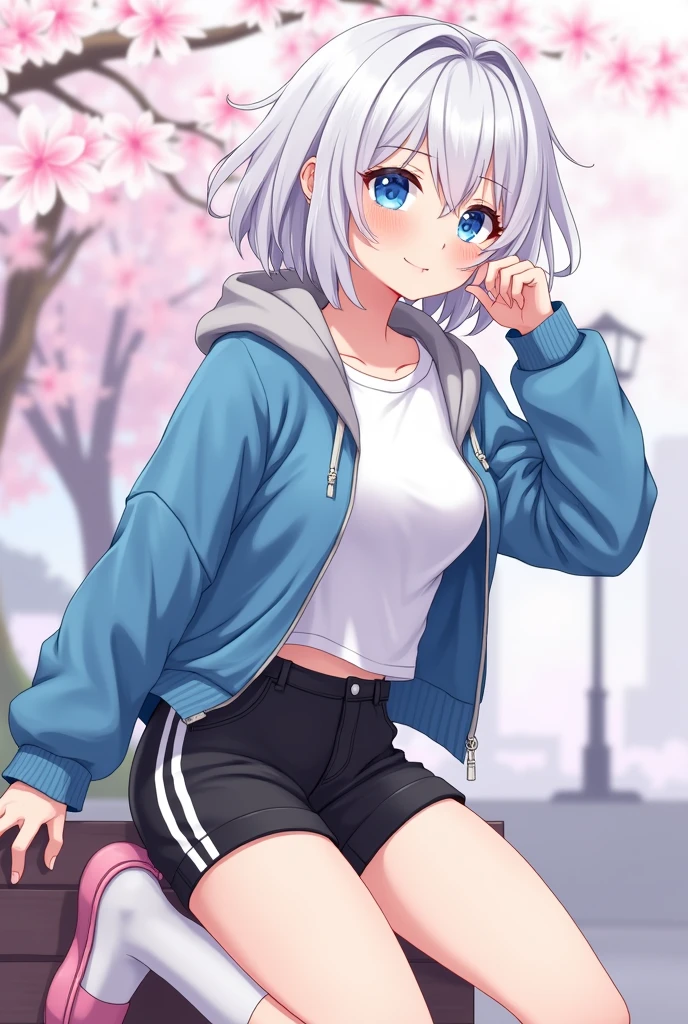 Anime girl with white hair and blue eyes, He wears a blue jacket with a grey hood, blossomed; a white t-shirt underneath; black shorts with a white stripe down the side; pink slippers; and white stockings that cover part of her legs, visible between his shorts and slippers. He has a relaxed and joking personality.